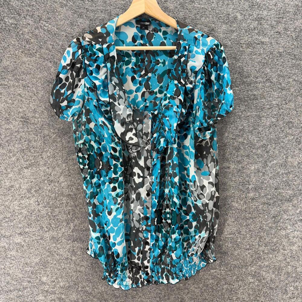 East 5th Button Up Top Women 2X Plus Blue Polka Dot Short Sleeve Round Neck